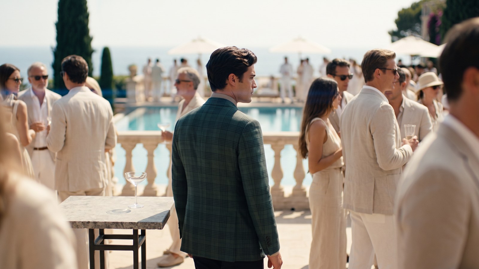Menswear campaign still — poolside